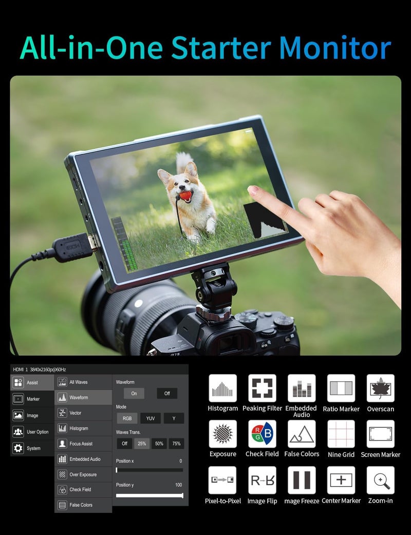 Feelworld FW759 PRO 7 Inch 400nit HD Touchscreen Camera DSLR Field Monitor 1280x800 with F550 2200mAh Battery Sunshade and Bag, 4K HDMI in Out Waveform Monitoring for Videographers Content Creators - Image 3